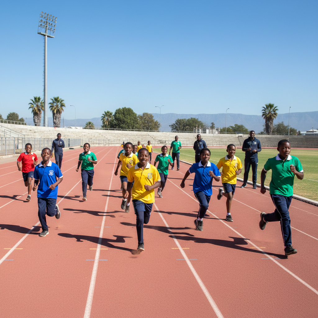 Young Black African school pupils training on an athletics track in South Africa, bright athletic kit, coaches watching, vibrant energy