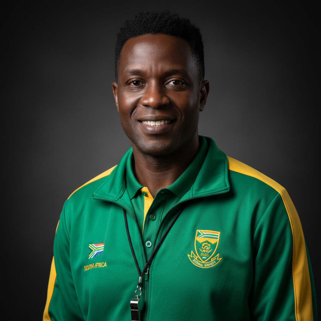 Black African male athletics coach professional headshot, South African school sports coach, confident expression