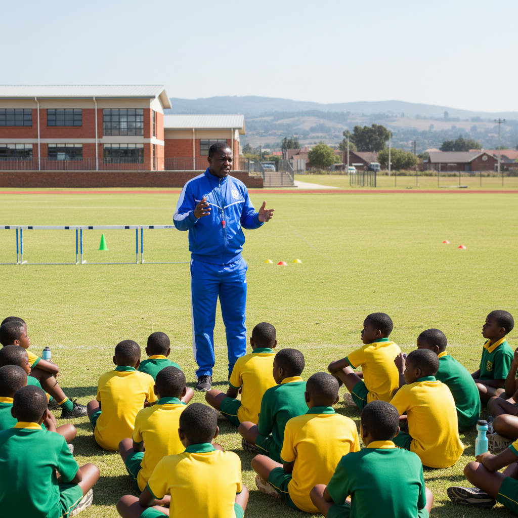 African athletics coach instructing young Black school pupils on a sports field South Africa, professional coaching session