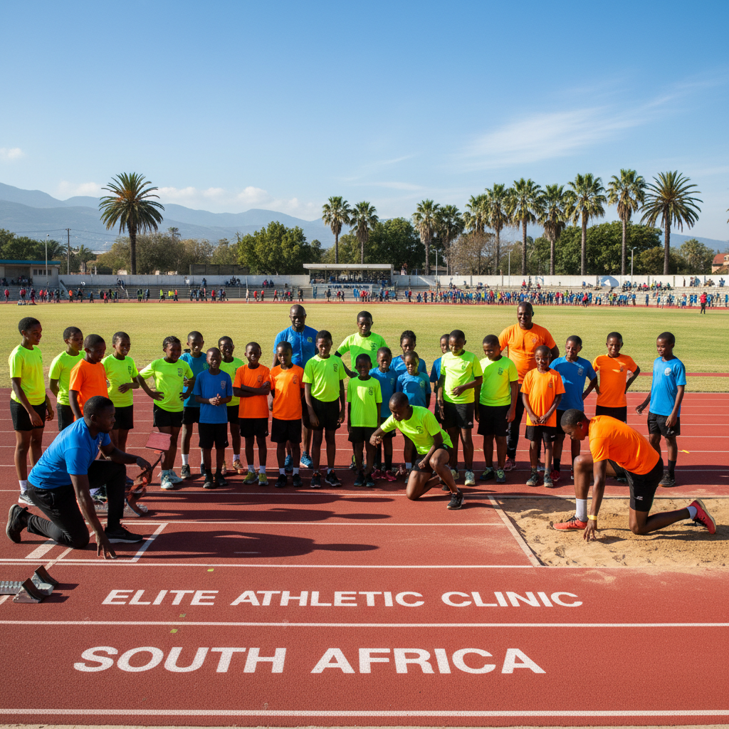 African school pupils at a development athletics training camp with coaches demonstrating techniques, South Africa