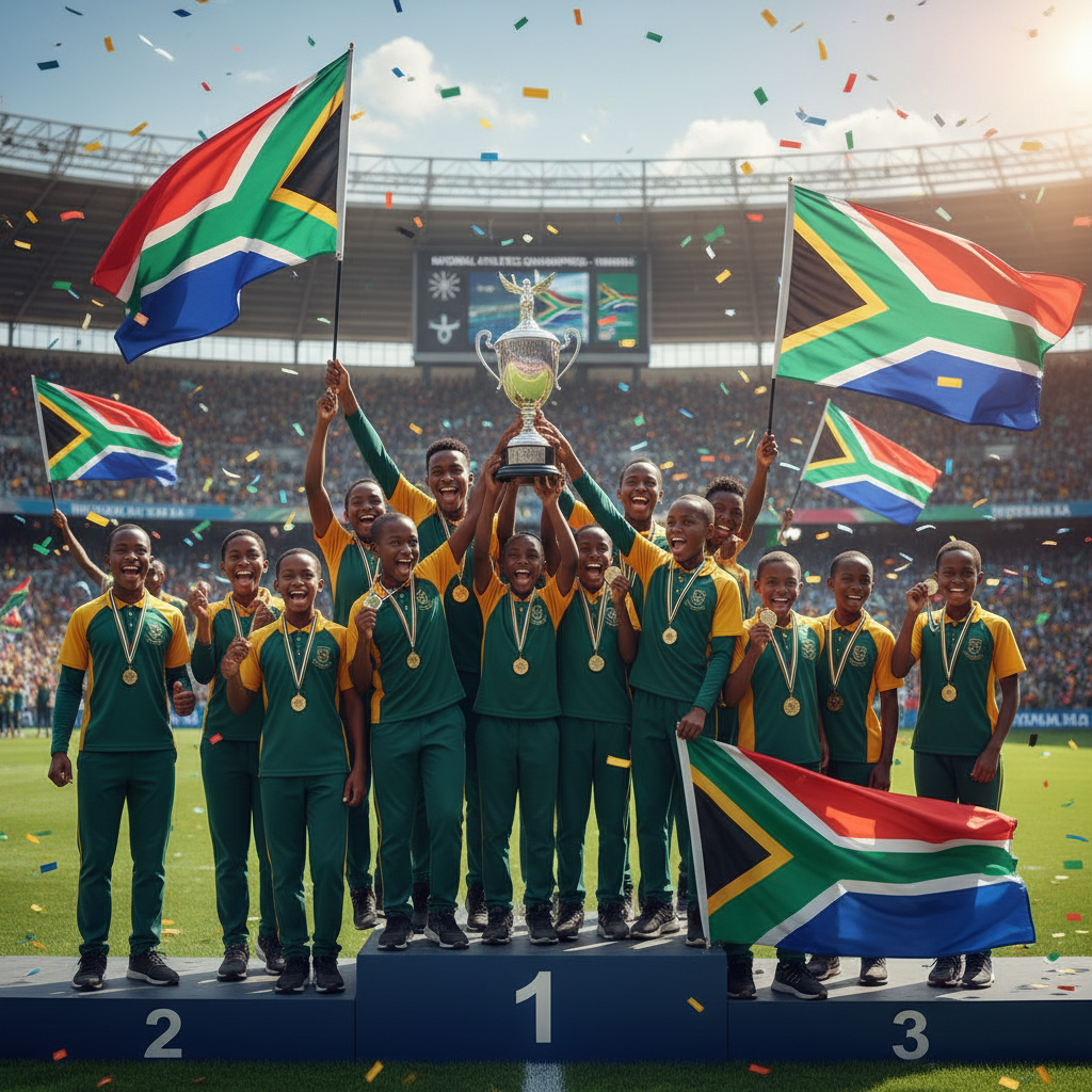 African school pupils on a national championship podium celebrating with gold medals, South African flags waving, stadium background