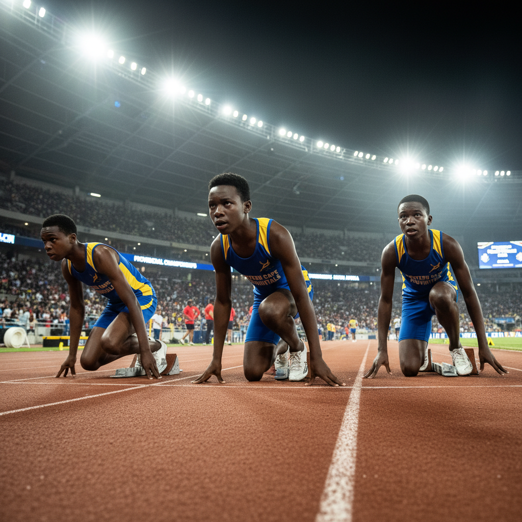 Black African teenage athletes at starting blocks in a sprint race, provincial championship South Africa, dramatic stadium lighting