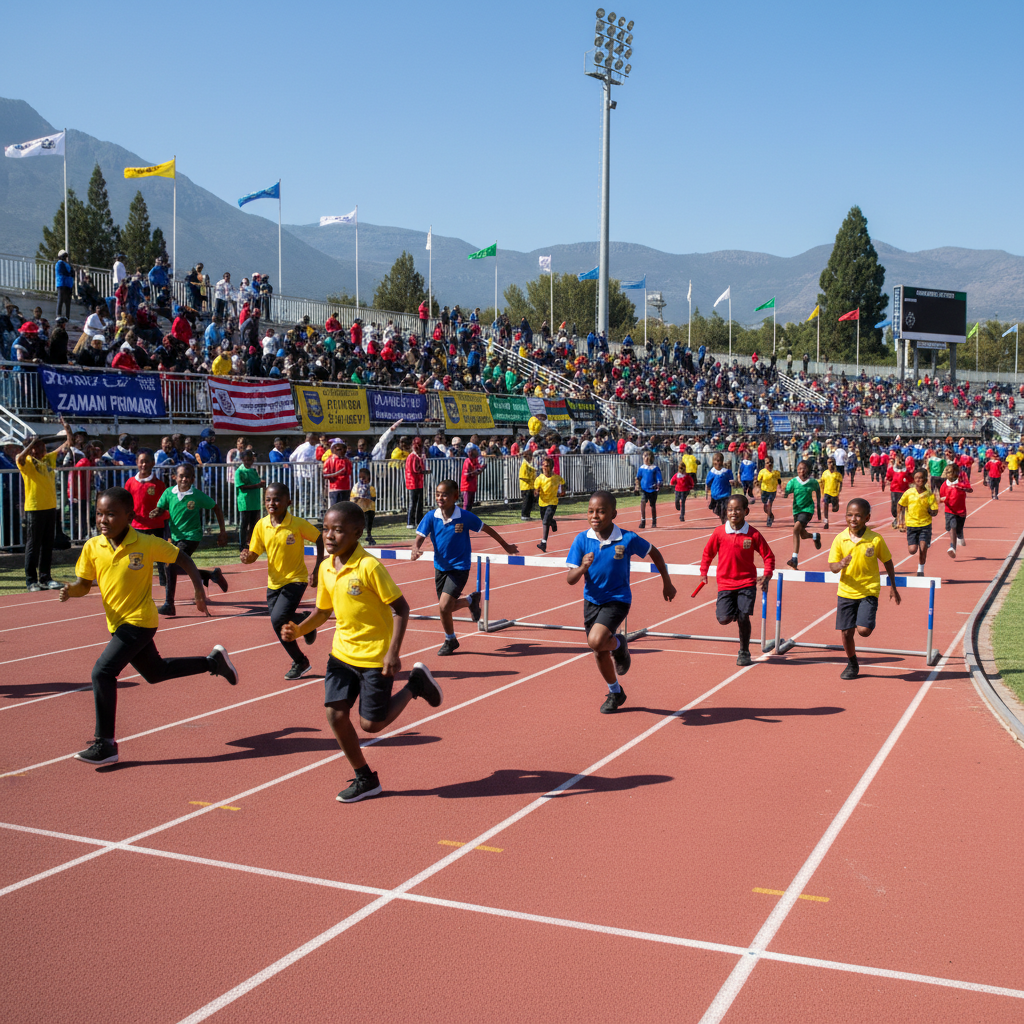 African school children competing in athletics track events, bright school uniforms, outdoor stadium South Africa