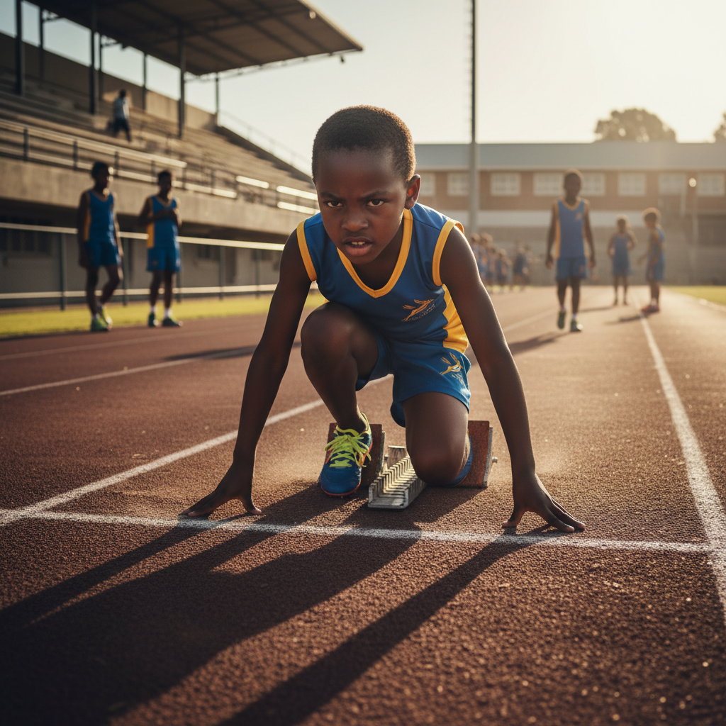 Young Black African boy sprinter at starting blocks, determination on face, South African school athletics track and field setting